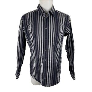 Bugatchi Uomo Men Large Button Front Shirt Black Gray Stripe Flip Cuff